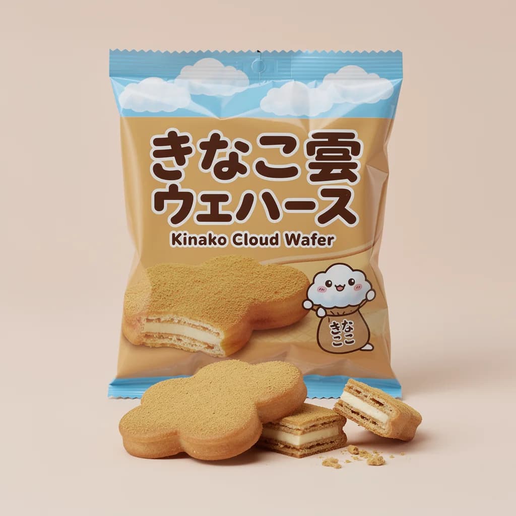 Kinako Cloud Wafer (きなこ雲ウエハース) — packshot rendered by FLUX 2 Pro