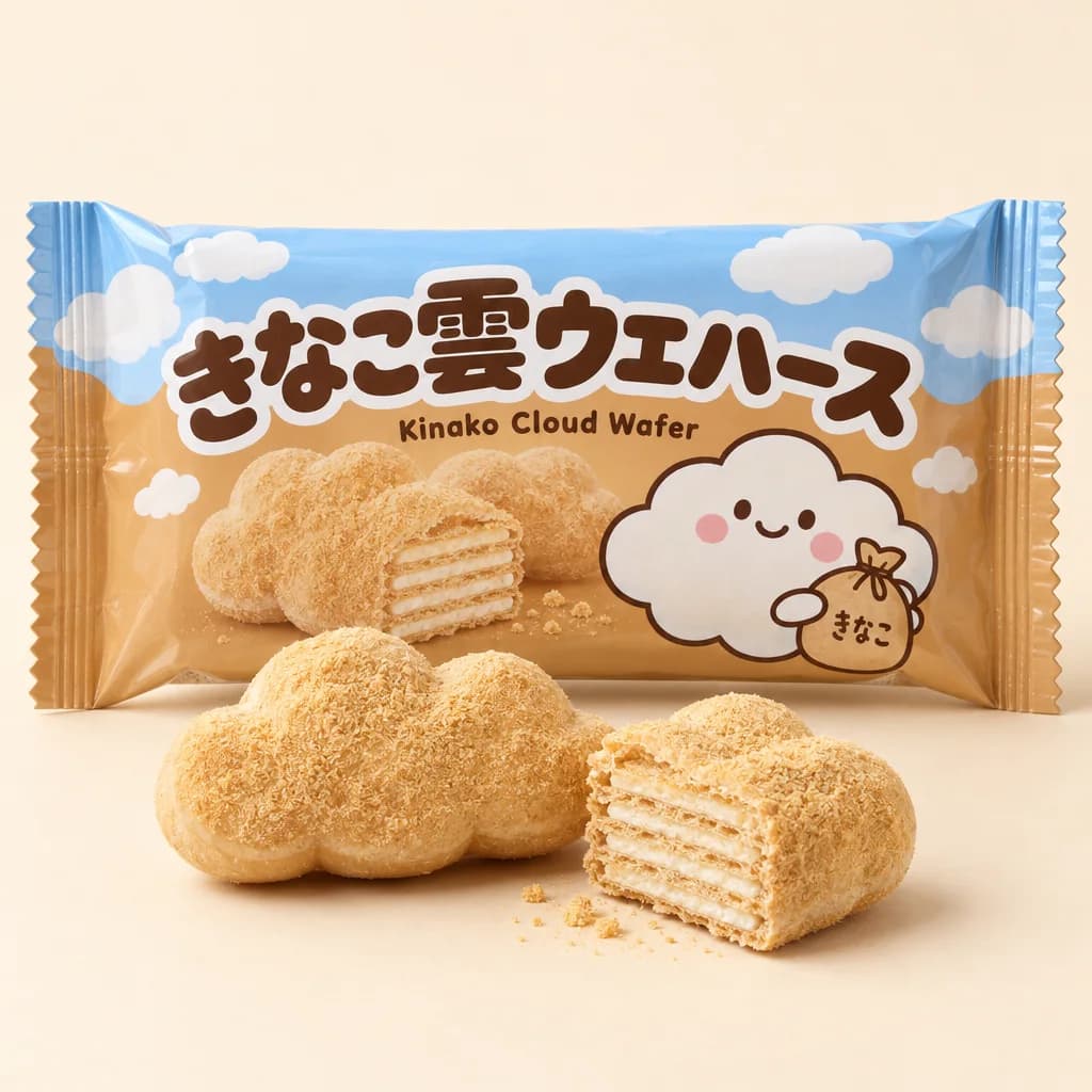 Kinako Cloud Wafer (きなこ雲ウエハース) — packshot rendered by GPT Image 2.5 Sunburst