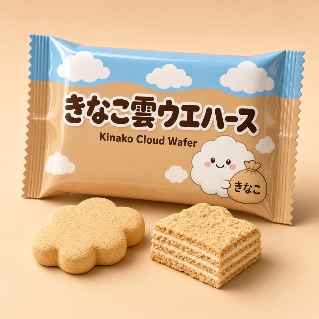 Kinako Cloud Wafer (きなこ雲ウエハース) — packshot rendered by Grok Imagine 2.0