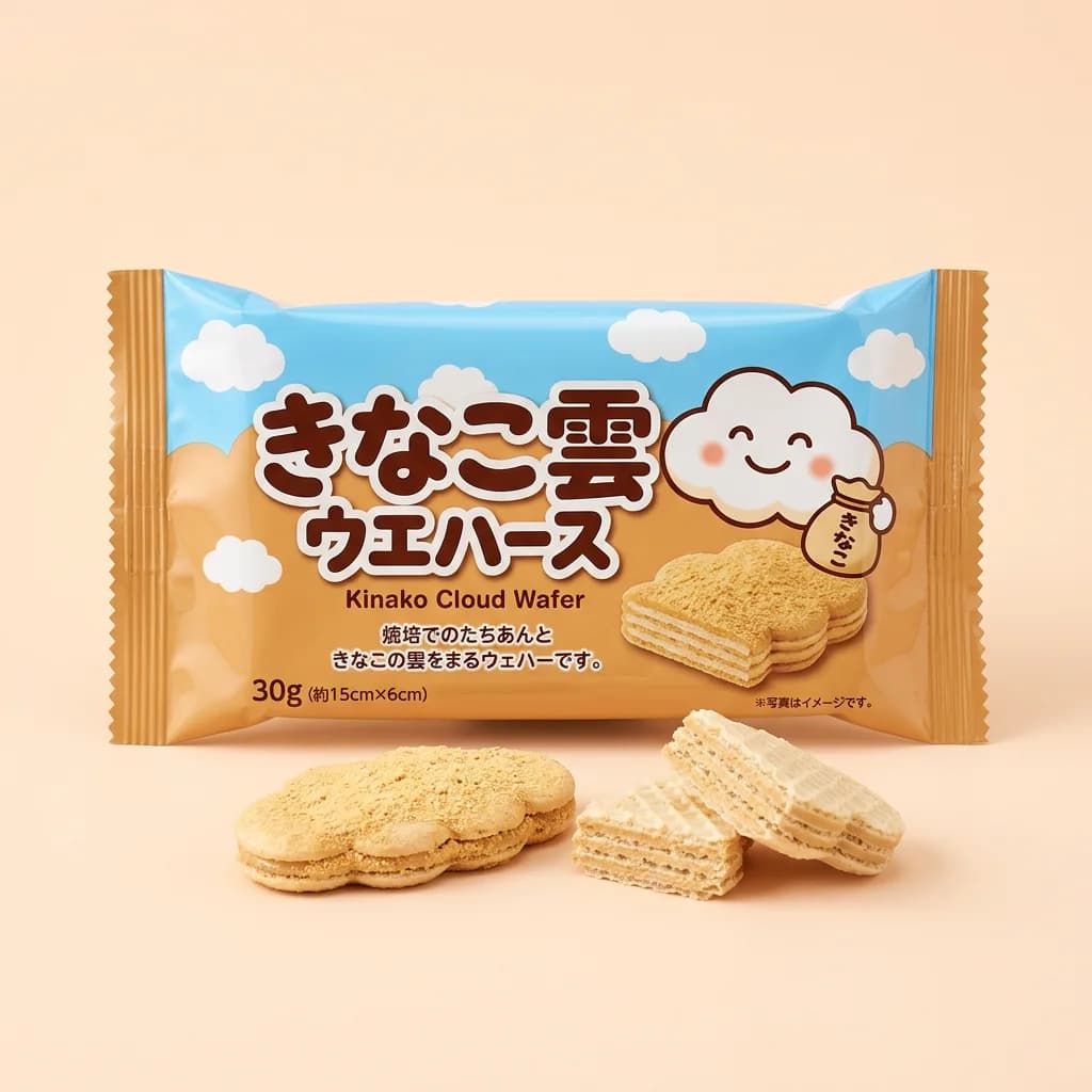 Kinako Cloud Wafer (きなこ雲ウエハース) — packshot rendered by Nano Banana 2