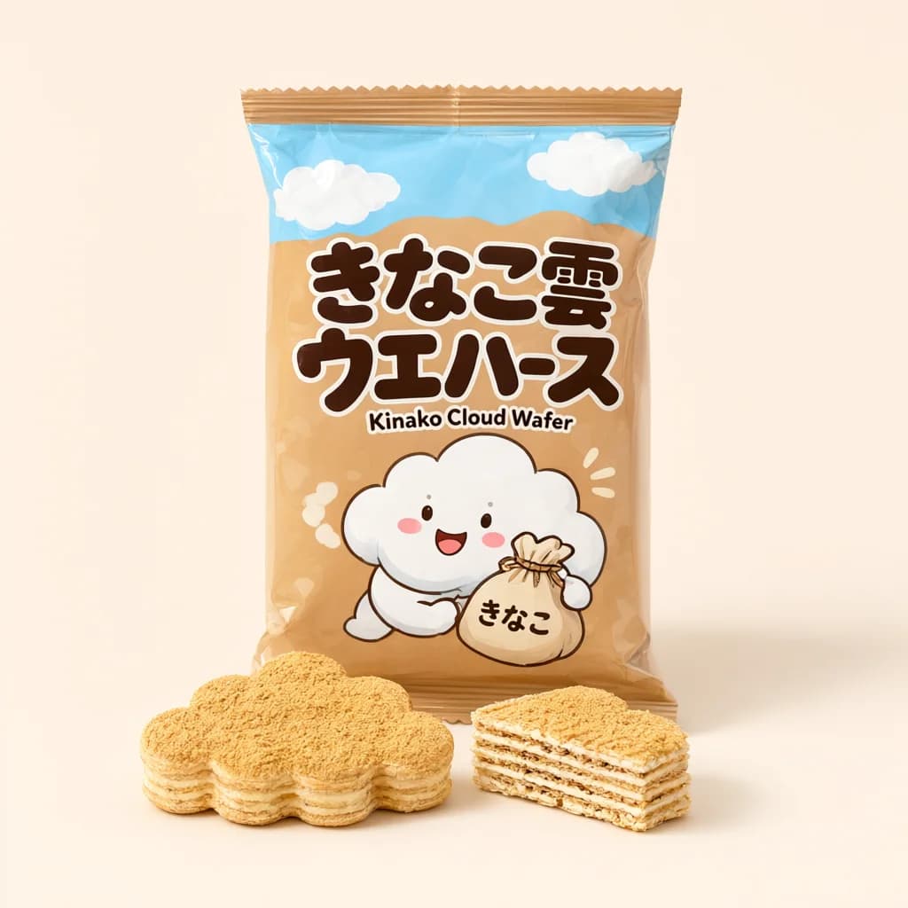 Kinako Cloud Wafer (きなこ雲ウエハース) — packshot rendered by Qwen Image 3