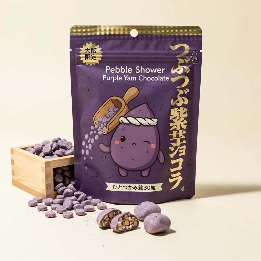 Pebble Shower Purple Yam Chocolate (つぶつぶ紫芋ショコラ) — packshot rendered by FLUX 2 Pro