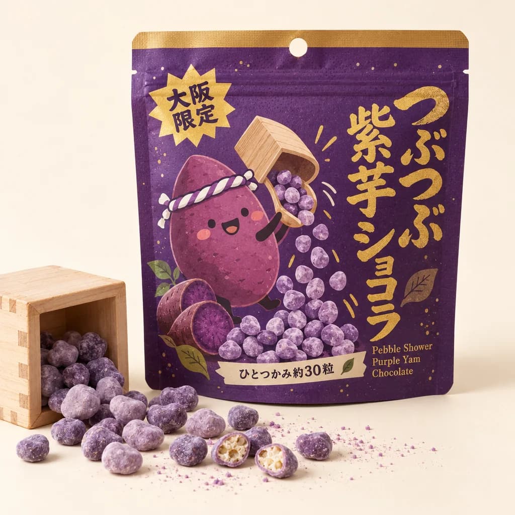 Pebble Shower Purple Yam Chocolate (つぶつぶ紫芋ショコラ) — packshot rendered by GPT Image 2.5 Sunburst
