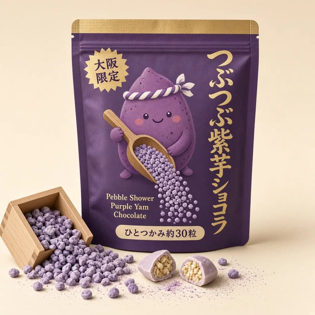 Pebble Shower Purple Yam Chocolate (つぶつぶ紫芋ショコラ) — packshot rendered by Grok Imagine 2.0