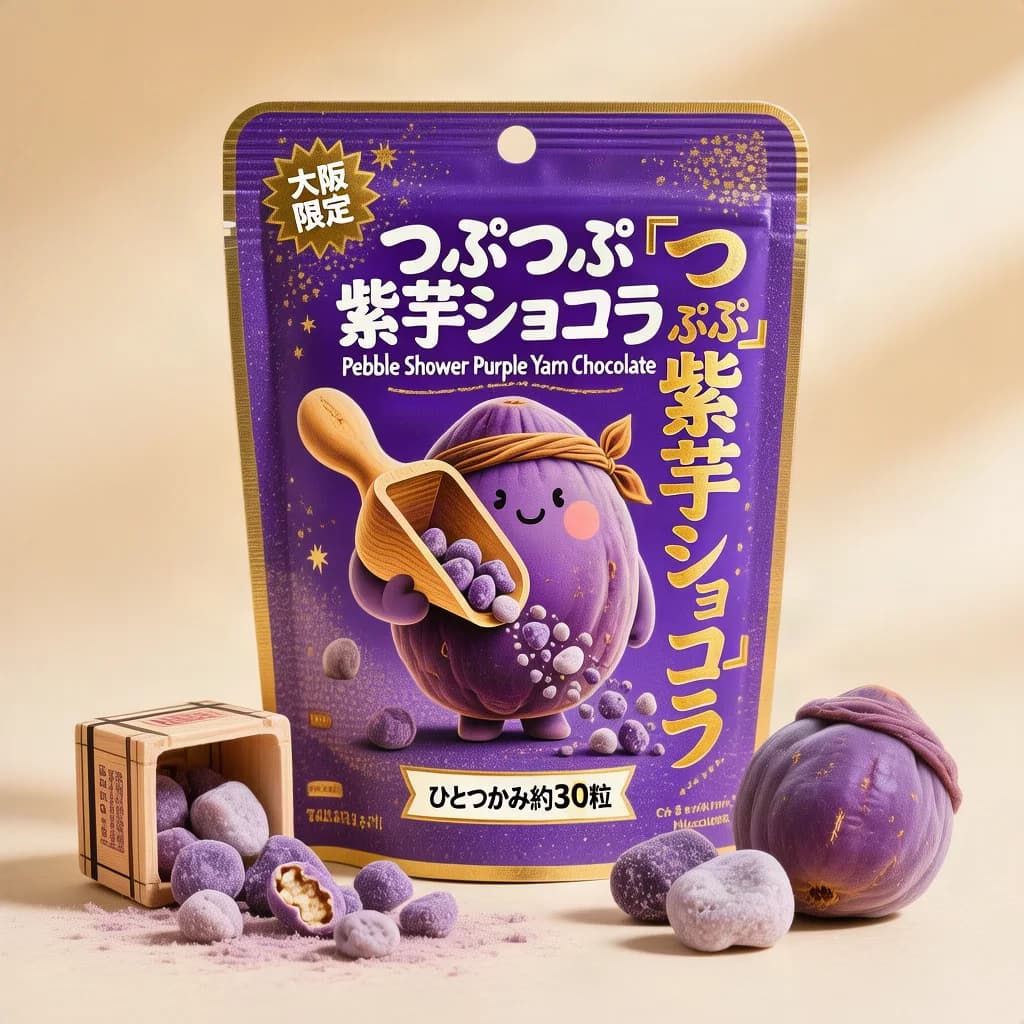 Pebble Shower Purple Yam Chocolate (つぶつぶ紫芋ショコラ) — packshot rendered by HunyuanImage 3