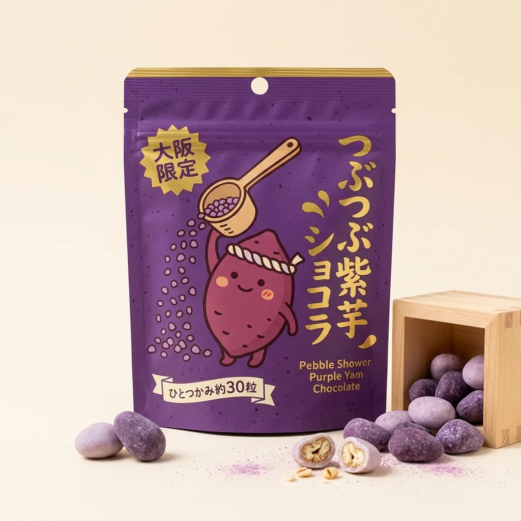 Pebble Shower Purple Yam Chocolate (つぶつぶ紫芋ショコラ) — packshot rendered by Nano Banana 2