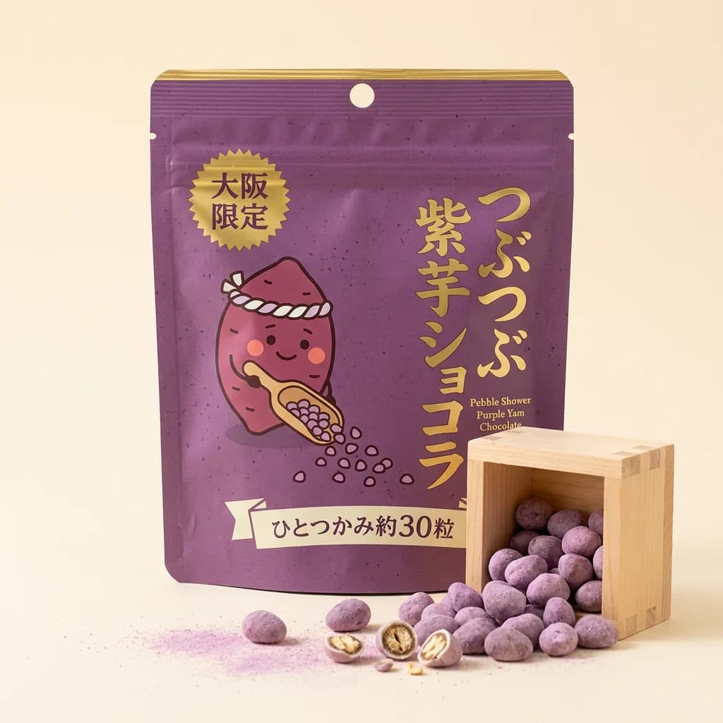 Pebble Shower Purple Yam Chocolate (つぶつぶ紫芋ショコラ) — packshot rendered by Nano Banana Pro