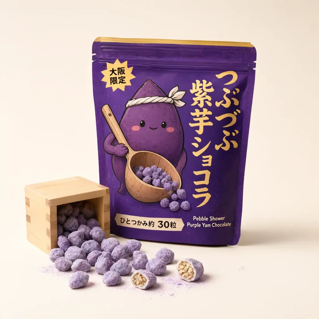 Pebble Shower Purple Yam Chocolate (つぶつぶ紫芋ショコラ) — packshot rendered by Qwen Image 3