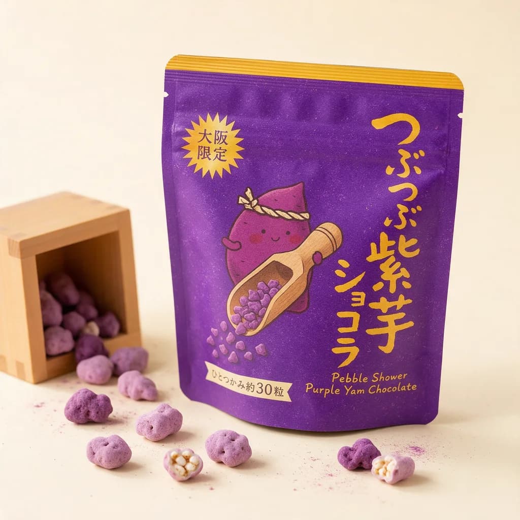 Pebble Shower Purple Yam Chocolate (つぶつぶ紫芋ショコラ) — packshot rendered by Seedream 5.0 Pro