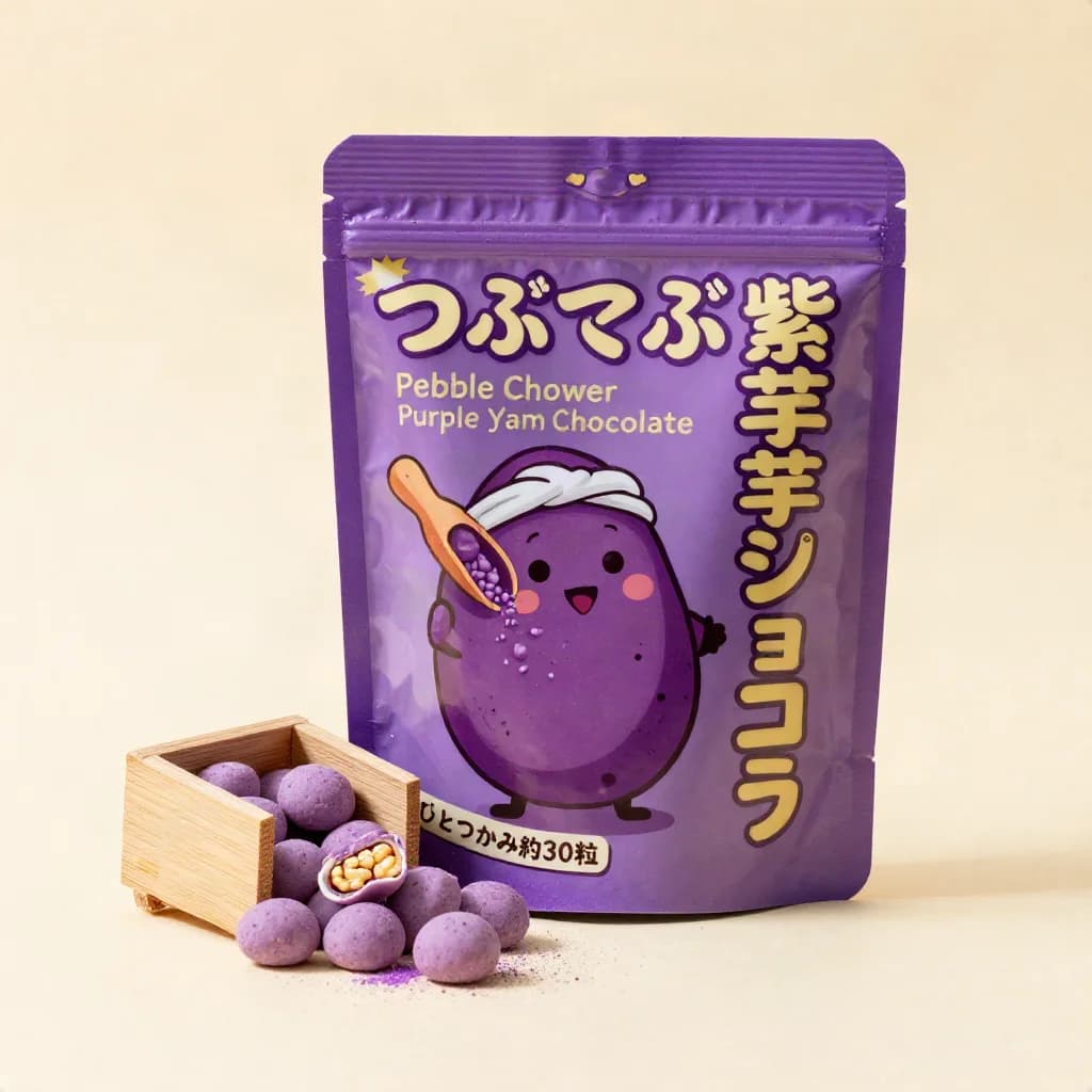 Pebble Shower Purple Yam Chocolate (つぶつぶ紫芋ショコラ) — packshot rendered by Z-Image Turbo