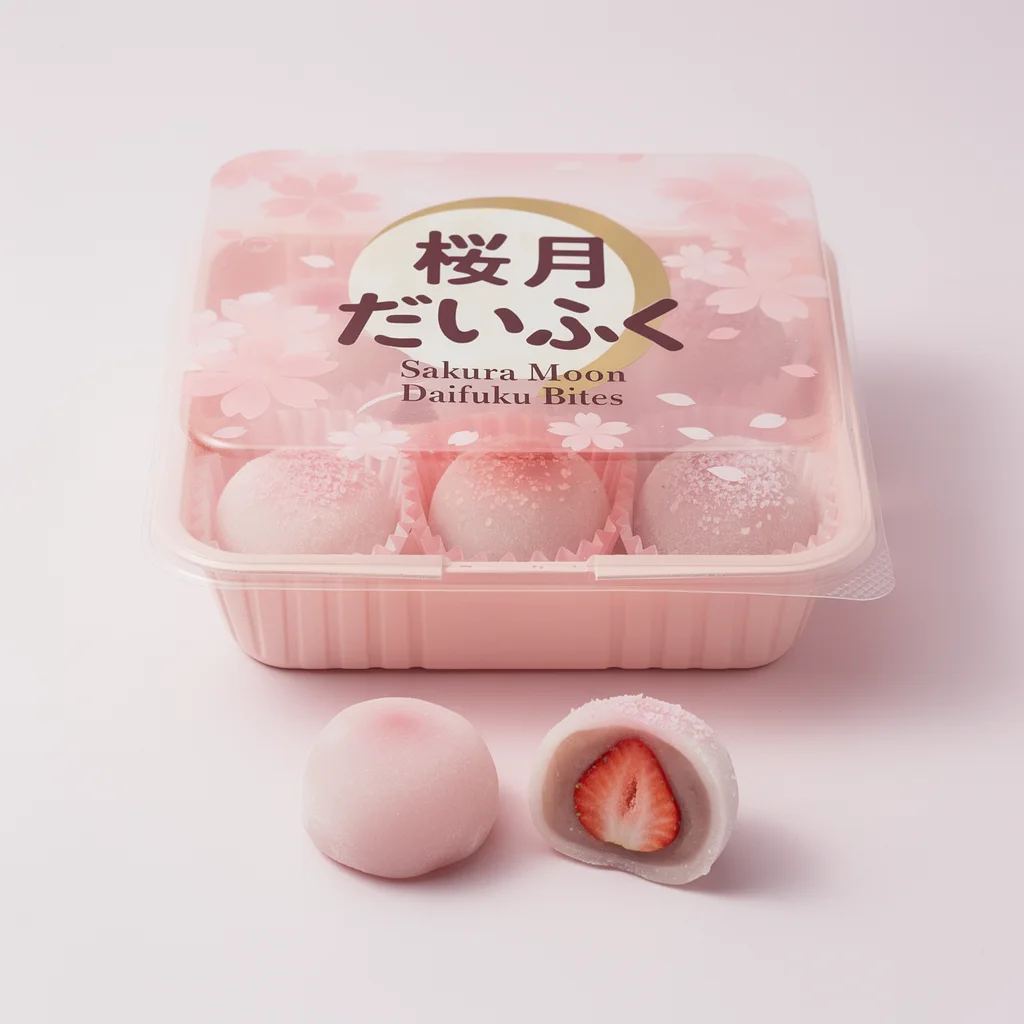 Sakura Moon Daifuku Bites (桜月だいふく) — packshot rendered by FLUX 2 Pro