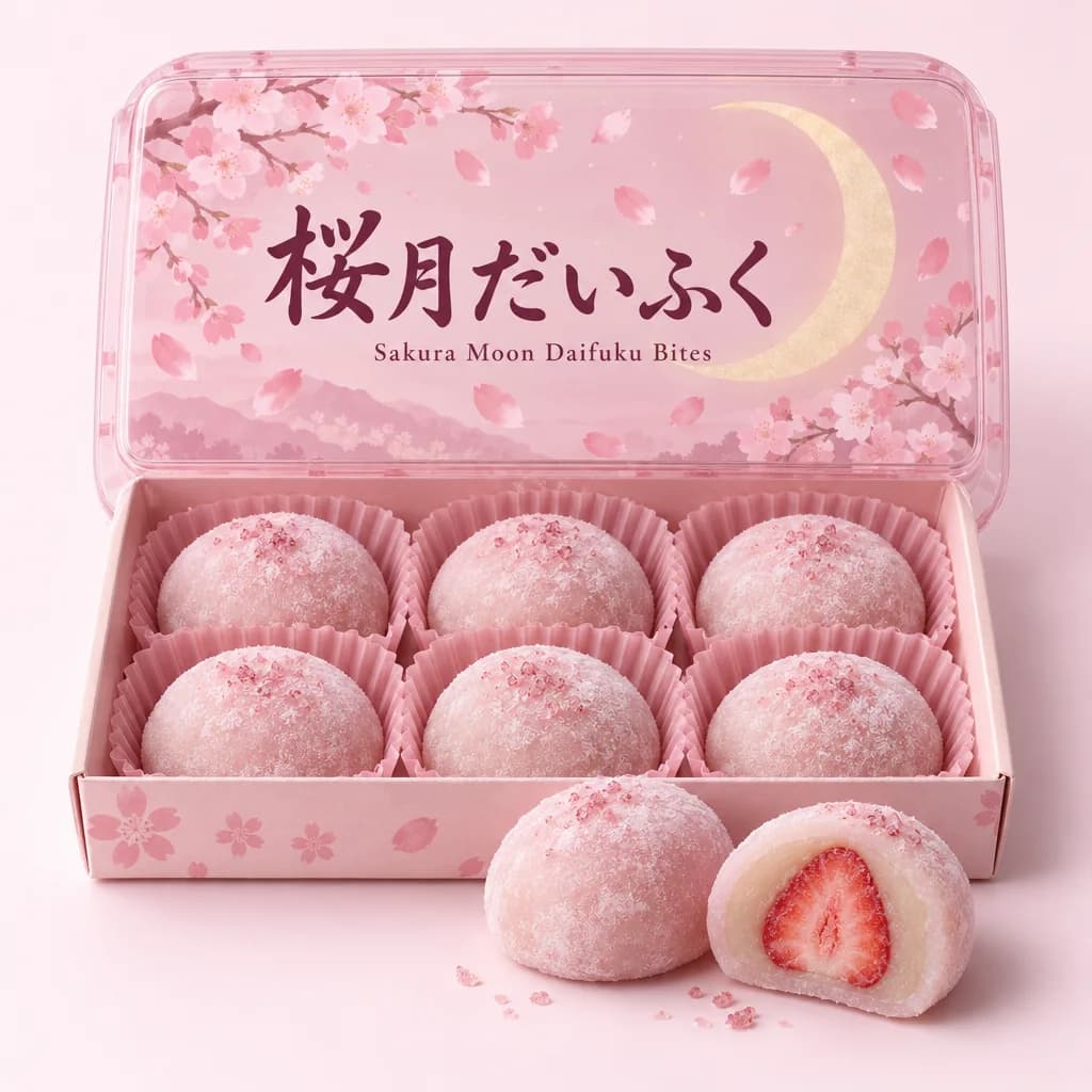 Sakura Moon Daifuku Bites (桜月だいふく) — packshot rendered by GPT Image 2.5 Sunburst