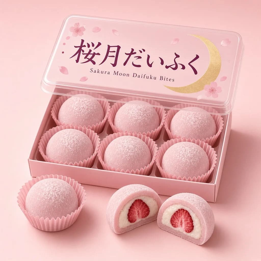 Sakura Moon Daifuku Bites (桜月だいふく) — packshot rendered by Grok Imagine 2.0