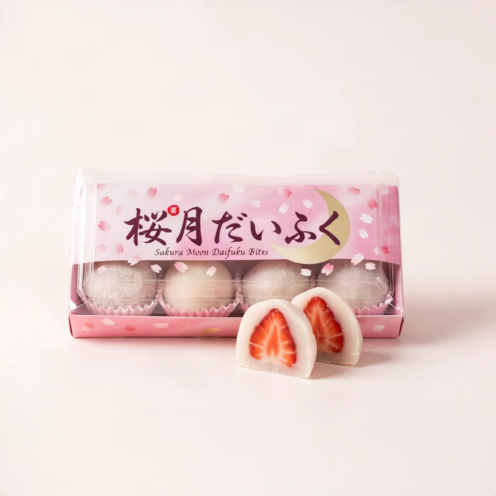 Sakura Moon Daifuku Bites (桜月だいふく) — packshot rendered by Ideogram V4