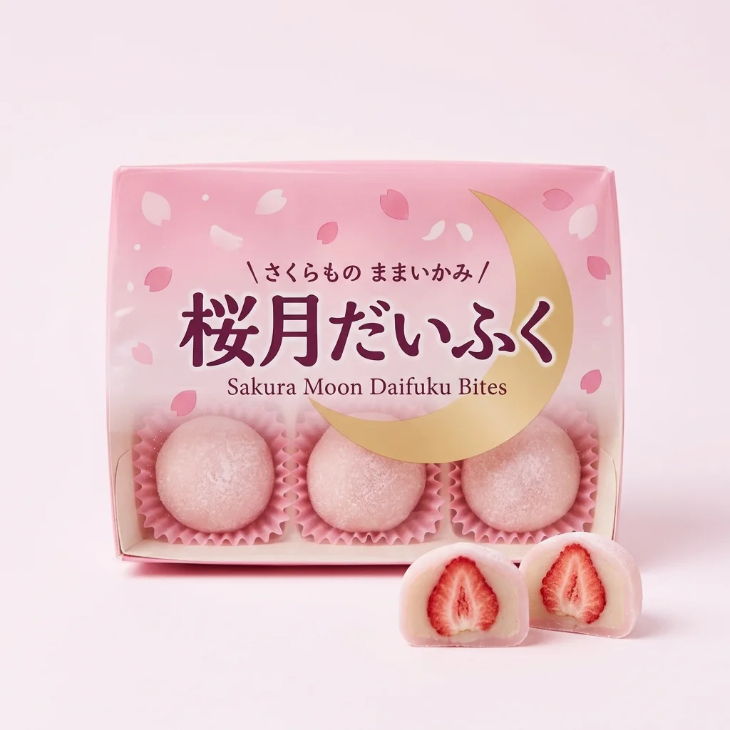 Sakura Moon Daifuku Bites (桜月だいふく) — packshot rendered by Nano Banana 2
