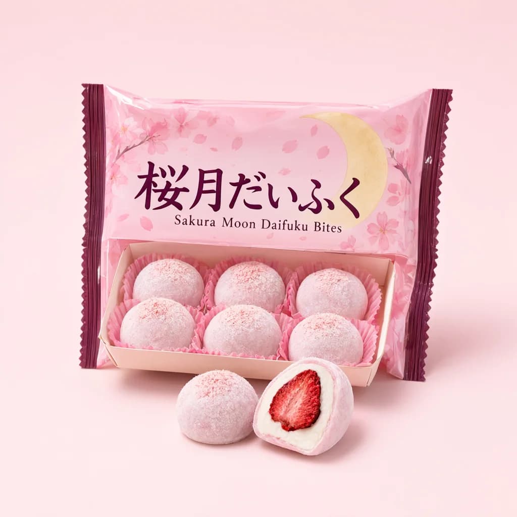 Sakura Moon Daifuku Bites (桜月だいふく) — packshot rendered by Qwen Image 3