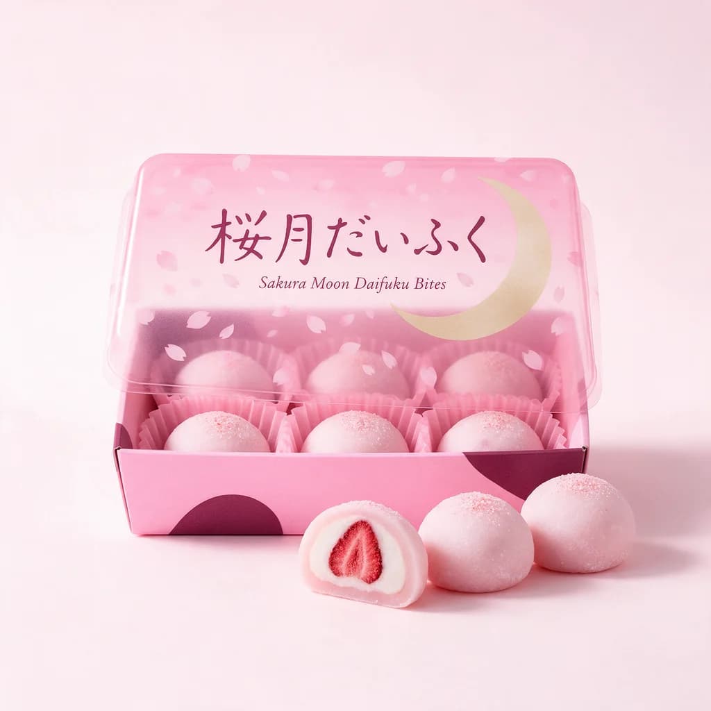 Sakura Moon Daifuku Bites (桜月だいふく) — packshot rendered by Seedream 5.0 Pro