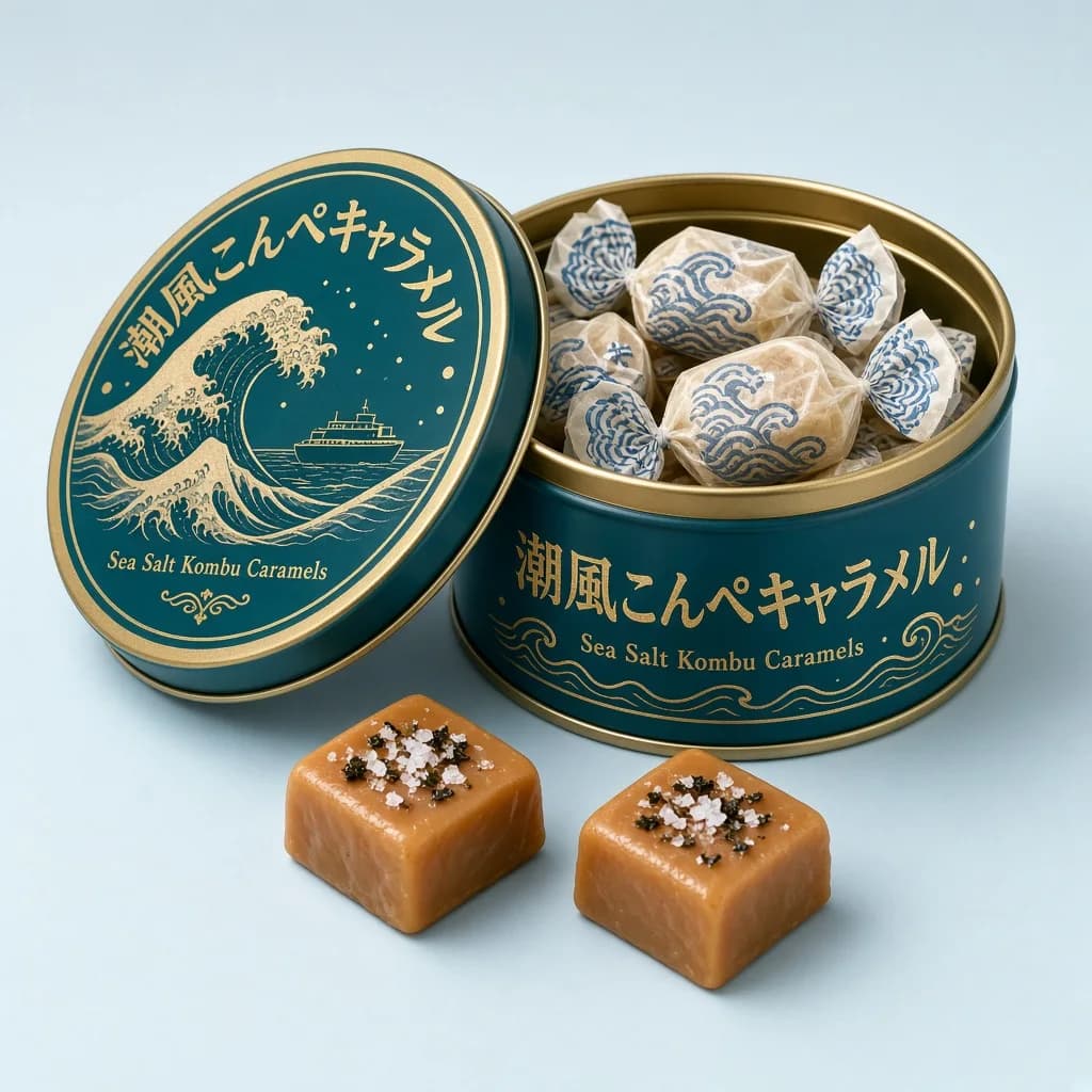 Sea Salt Kombu Caramels (潮風こんぶキャラメル) — packshot rendered by Grok Imagine 2.0