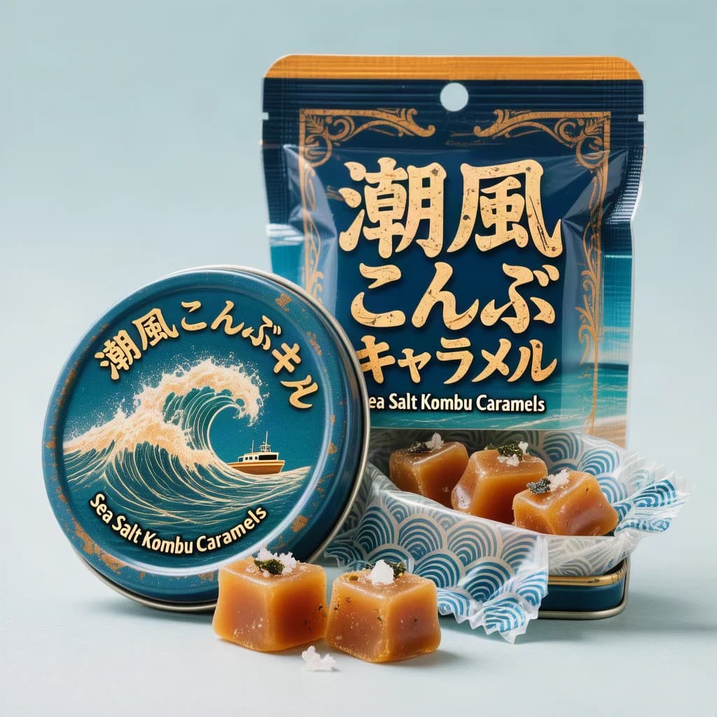 Sea Salt Kombu Caramels (潮風こんぶキャラメル) — packshot rendered by HunyuanImage 3