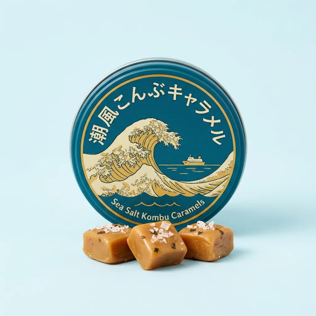 Sea Salt Kombu Caramels (潮風こんぶキャラメル) — packshot rendered by Nano Banana 2