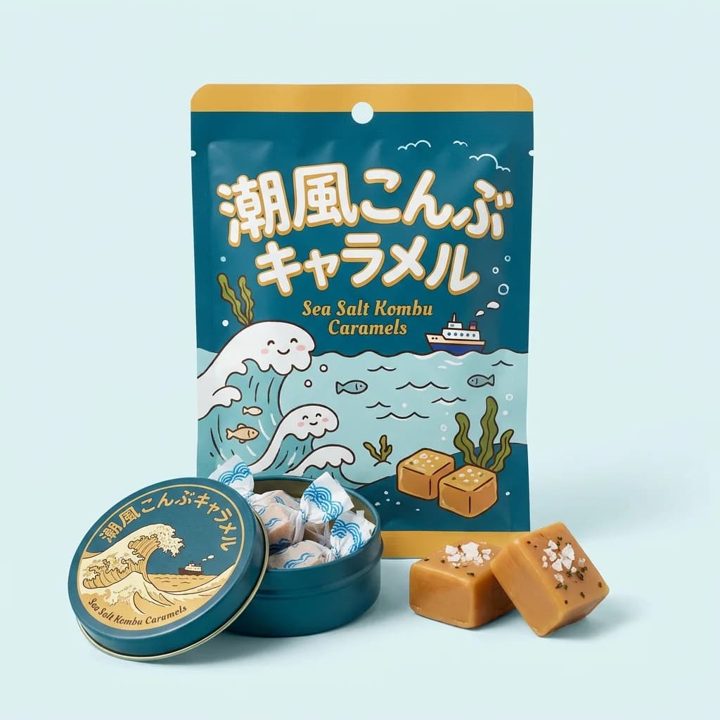 Sea Salt Kombu Caramels (潮風こんぶキャラメル) — packshot rendered by Nano Banana Pro