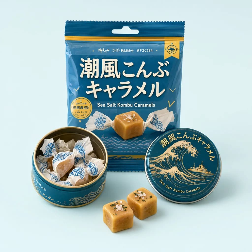 Sea Salt Kombu Caramels (潮風こんぶキャラメル) — packshot rendered by Qwen Image 3