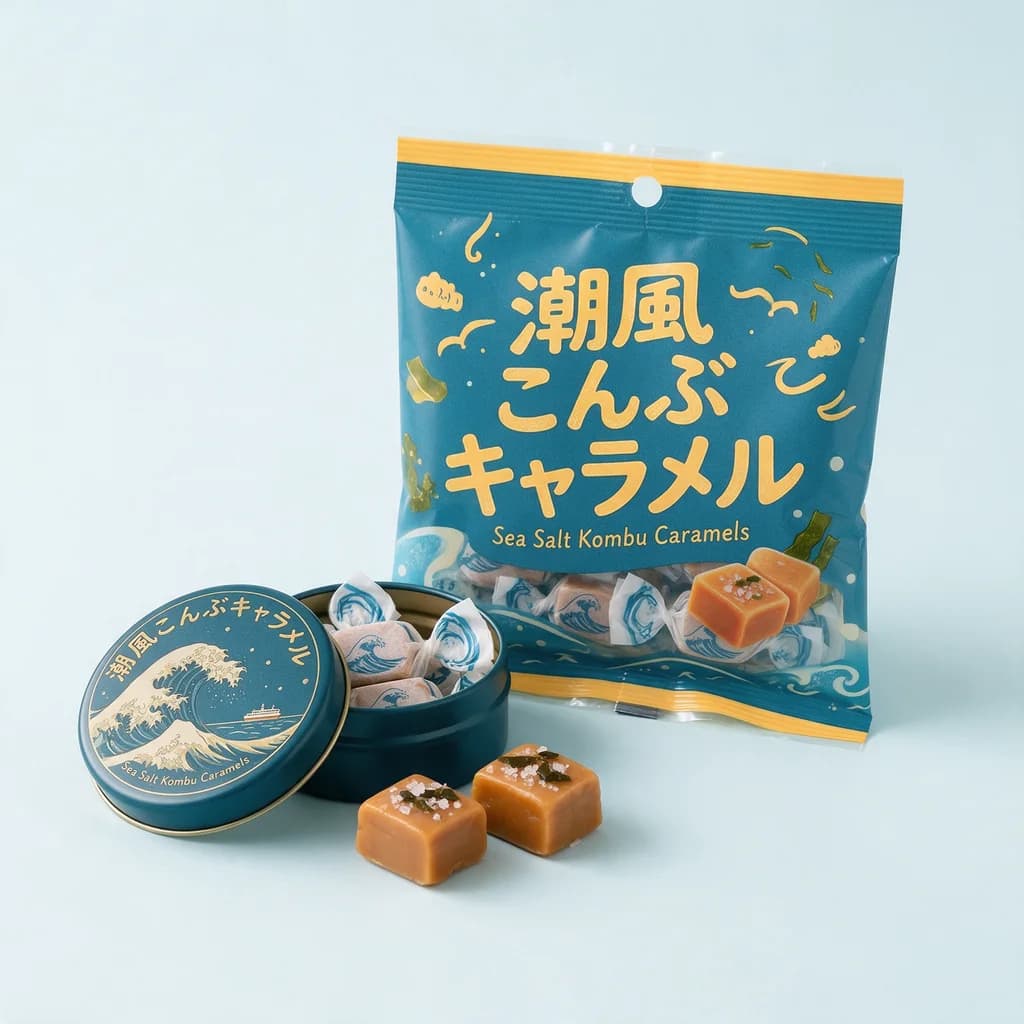 Sea Salt Kombu Caramels (潮風こんぶキャラメル) — packshot rendered by Seedream 5.0 Pro