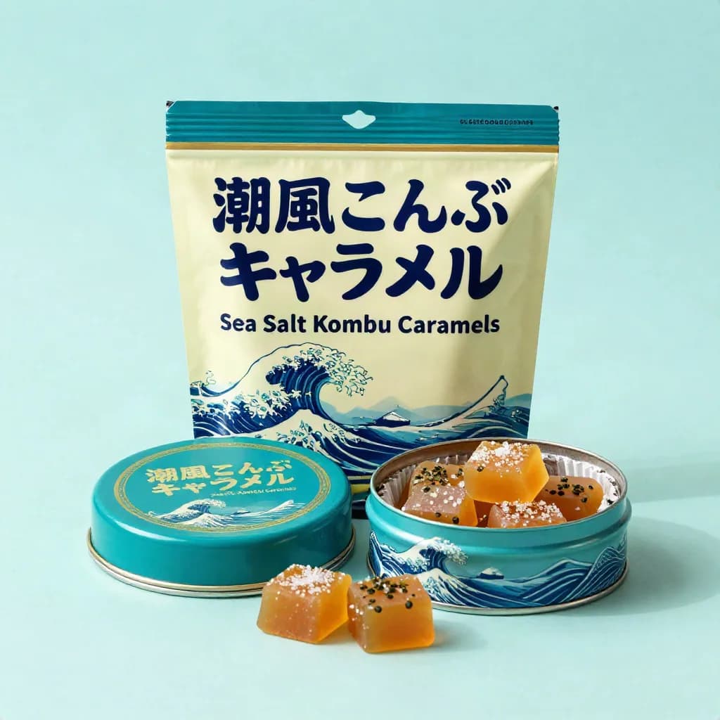 Sea Salt Kombu Caramels (潮風こんぶキャラメル) — packshot rendered by Z-Image Turbo