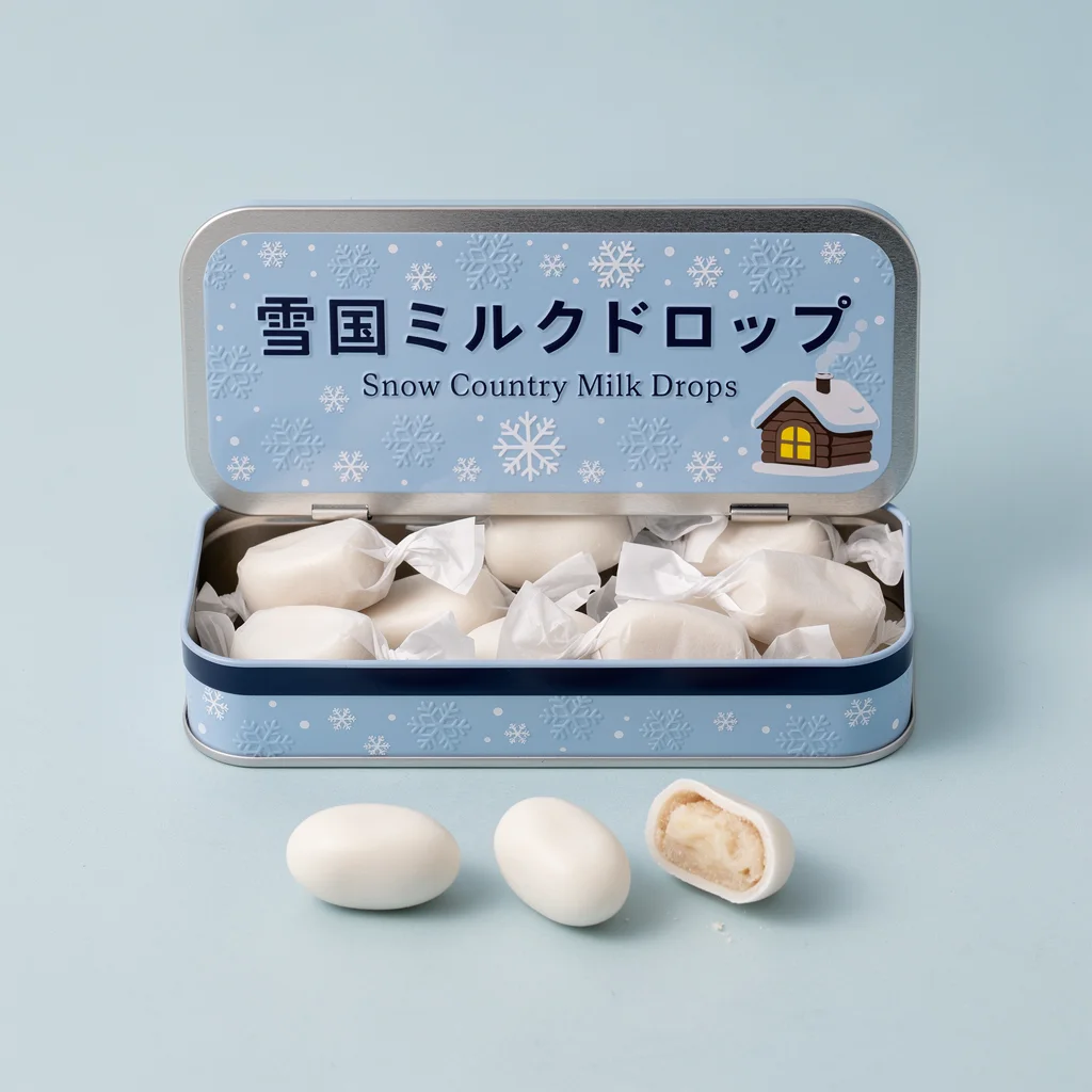Snow Country Milk Drops (雪国ミルクドロップ) — packshot rendered by FLUX 2 Pro