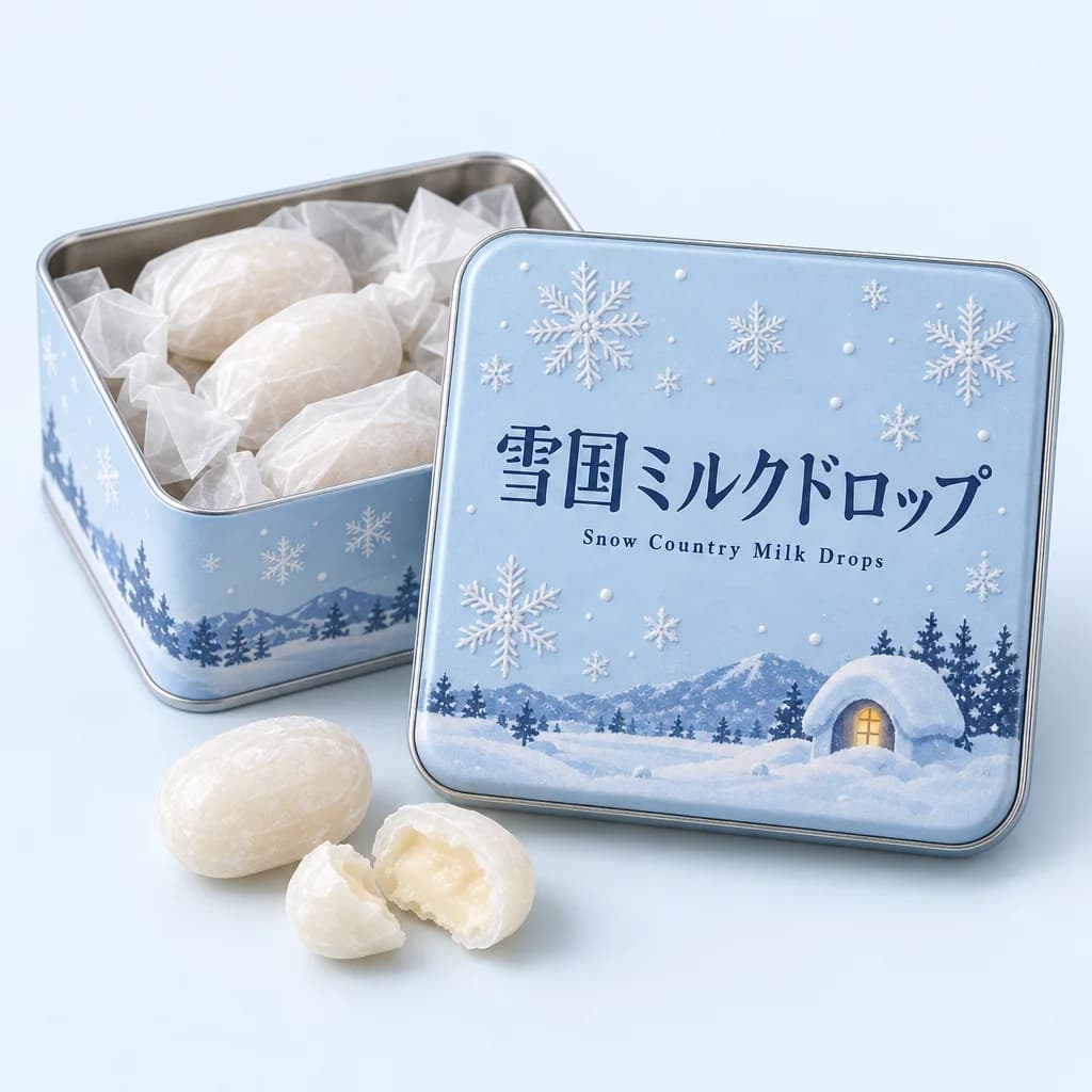 Snow Country Milk Drops (雪国ミルクドロップ) — packshot rendered by GPT Image 2.5 Sunburst