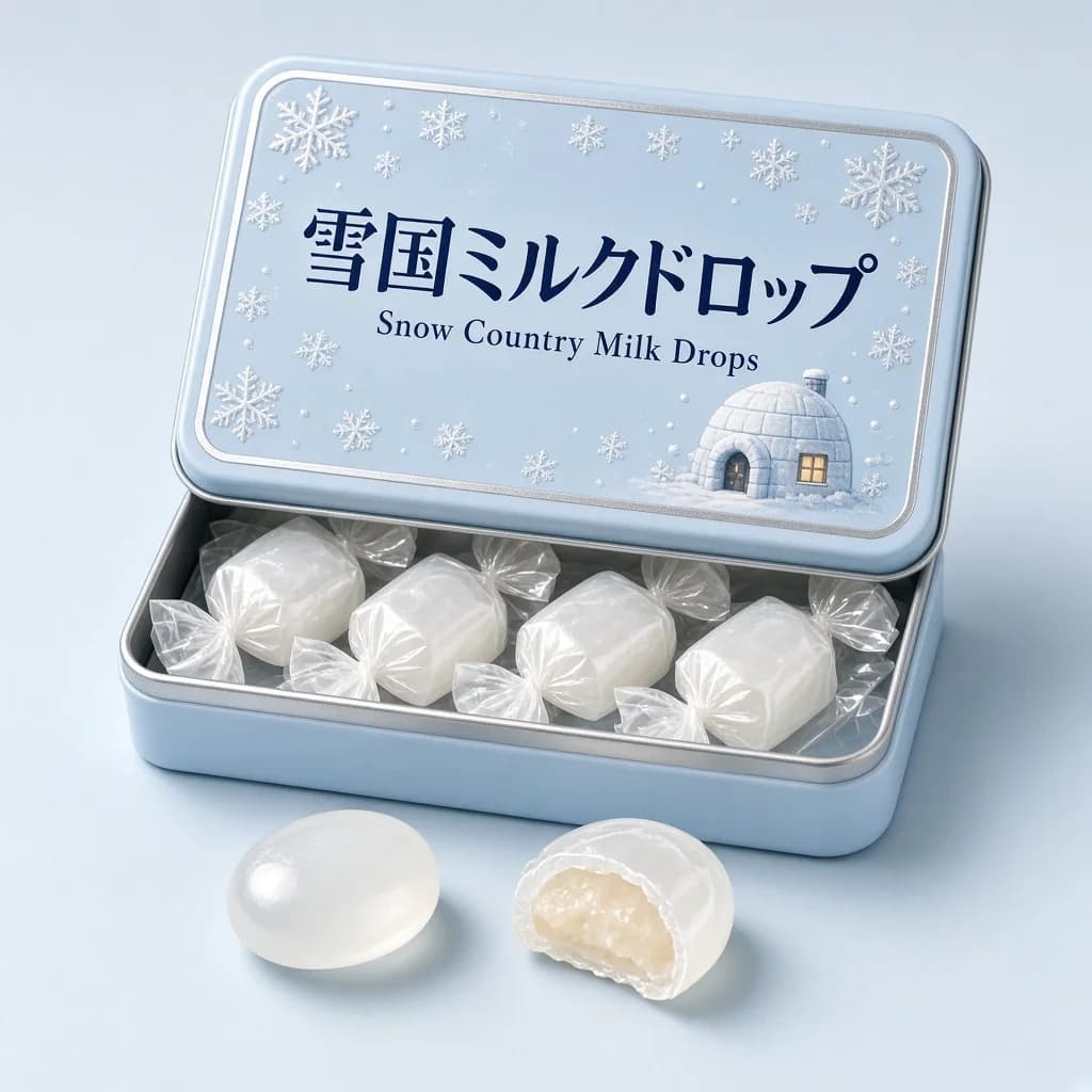 Snow Country Milk Drops (雪国ミルクドロップ) — packshot rendered by Grok Imagine 2.0