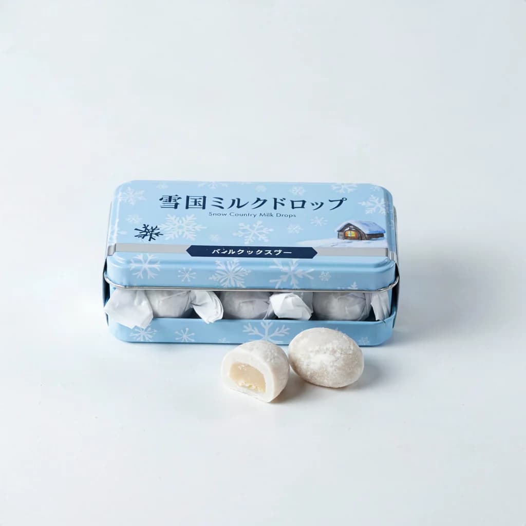 Snow Country Milk Drops (雪国ミルクドロップ) — packshot rendered by Ideogram V4