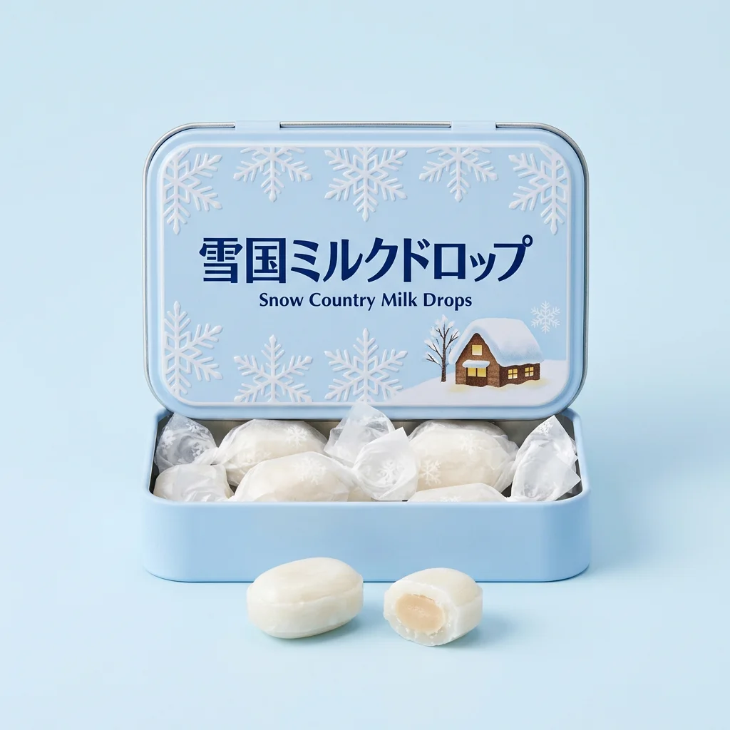 Snow Country Milk Drops (雪国ミルクドロップ) — packshot rendered by Nano Banana 2