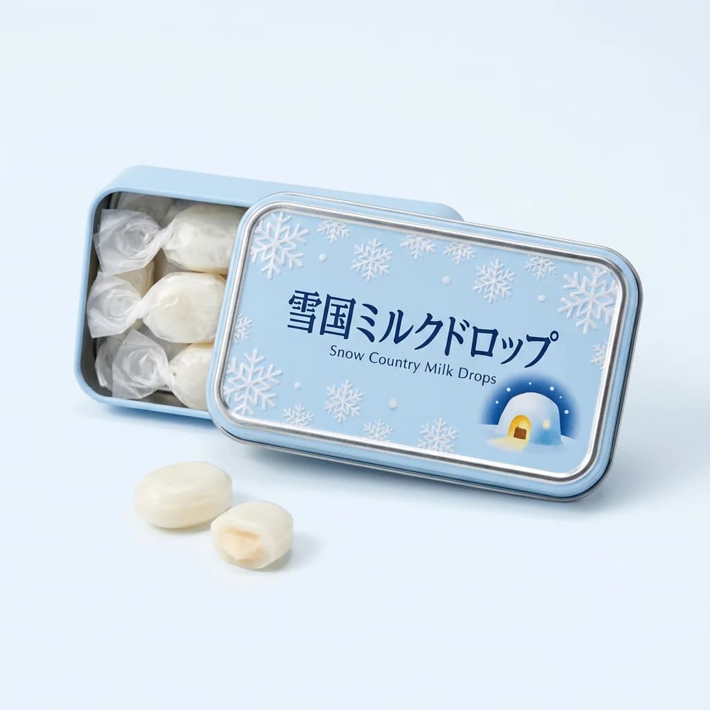 Snow Country Milk Drops (雪国ミルクドロップ) — packshot rendered by Nano Banana Pro