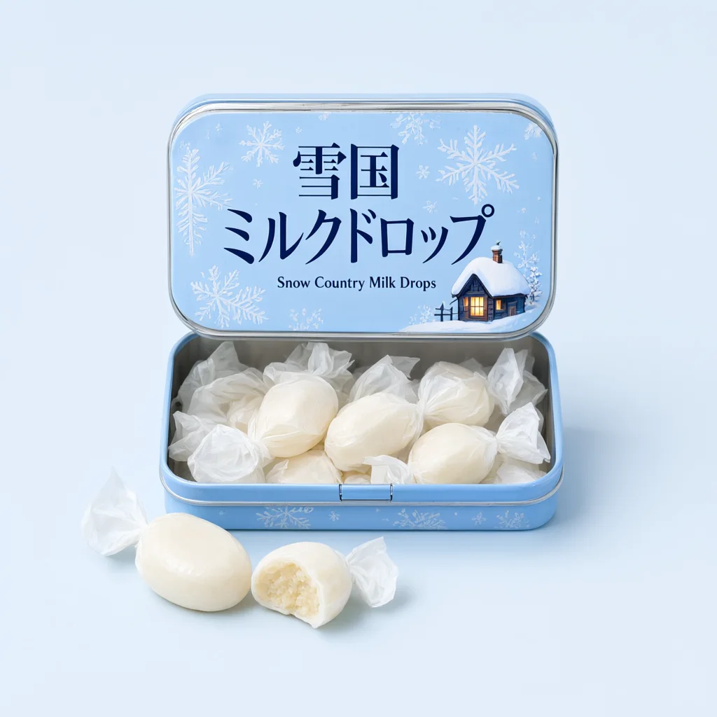 Snow Country Milk Drops (雪国ミルクドロップ) — packshot rendered by Qwen Image 3