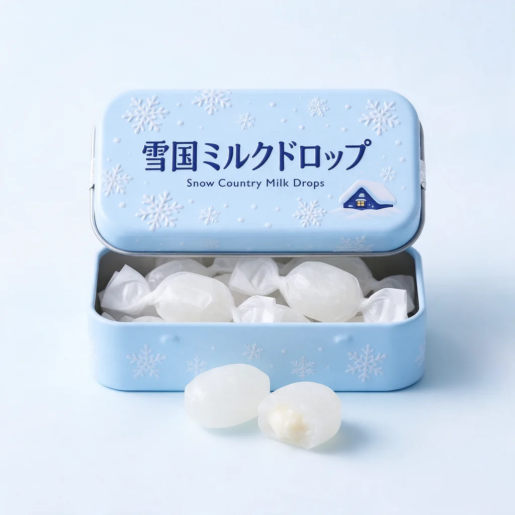 Snow Country Milk Drops (雪国ミルクドロップ) — packshot rendered by Seedream 5.0 Pro