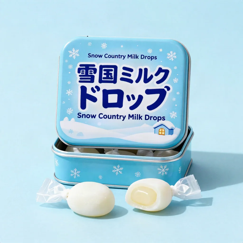 Snow Country Milk Drops (雪国ミルクドロップ) — packshot rendered by Z-Image Turbo