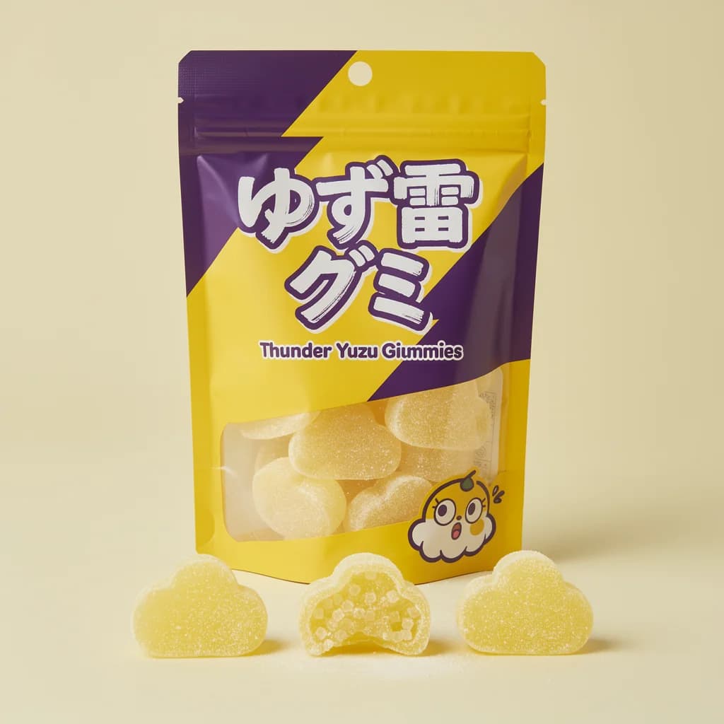 Thunder Yuzu Gummies (ゆず雷グミ) — packshot rendered by FLUX 2 Pro