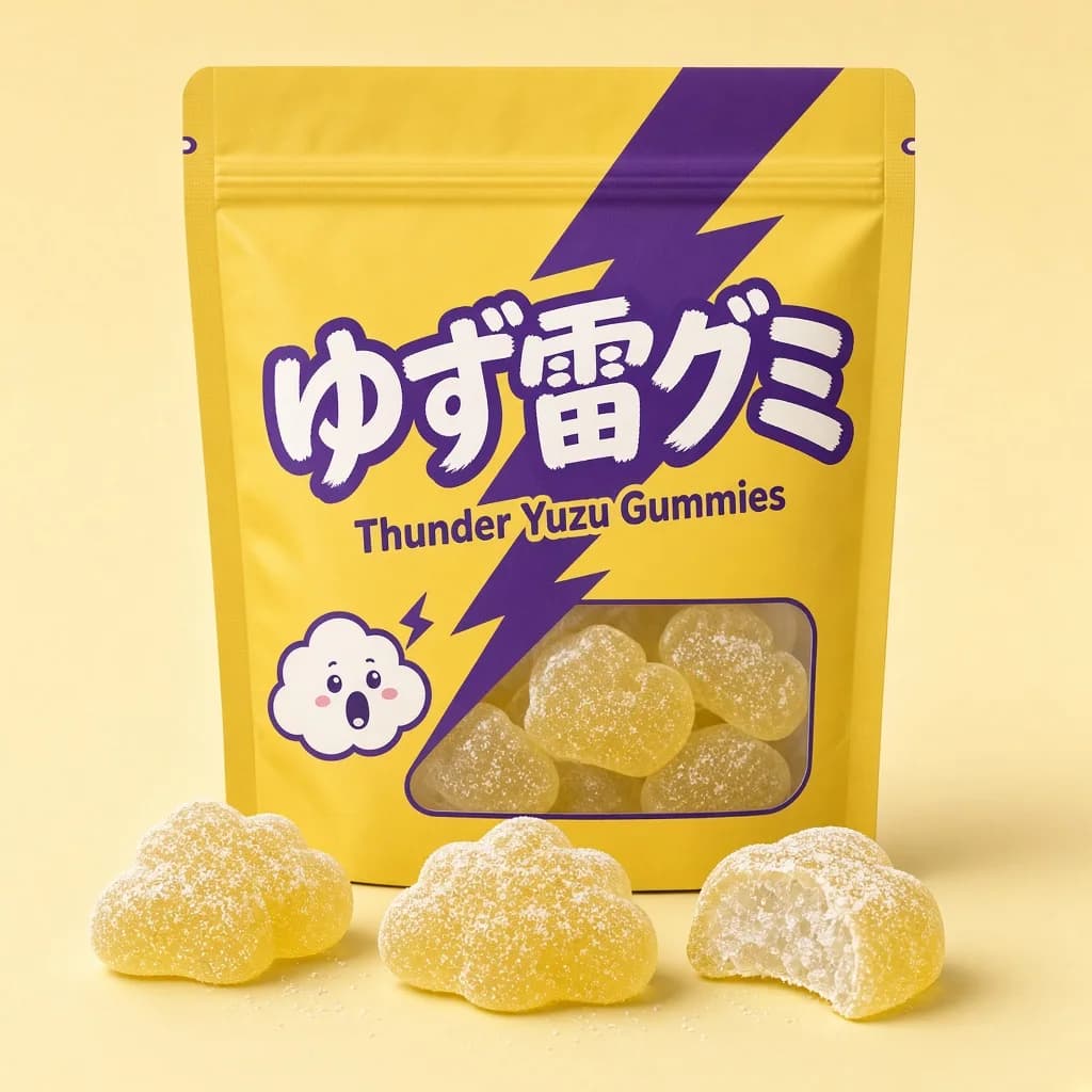 Thunder Yuzu Gummies (ゆず雷グミ) — packshot rendered by Grok Imagine 2.0