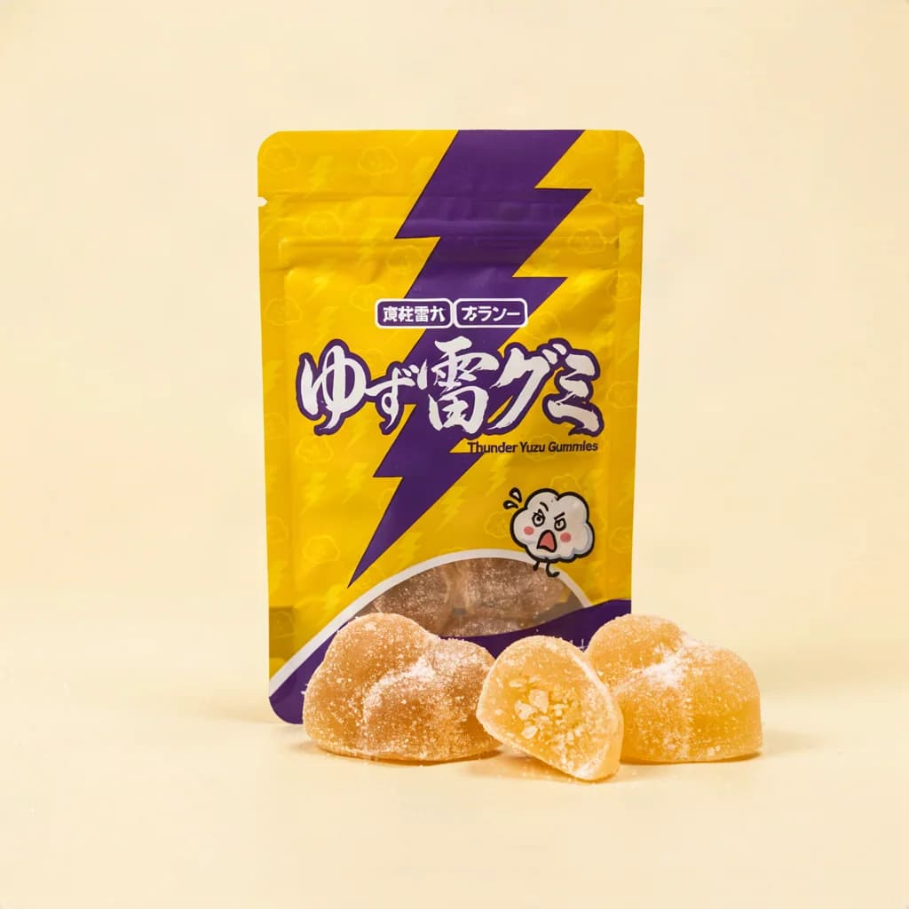 Thunder Yuzu Gummies (ゆず雷グミ) — packshot rendered by Ideogram V4