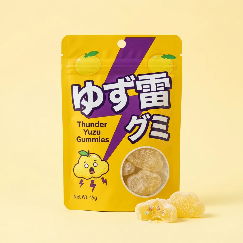 Thunder Yuzu Gummies (ゆず雷グミ) — packshot rendered by Nano Banana 2
