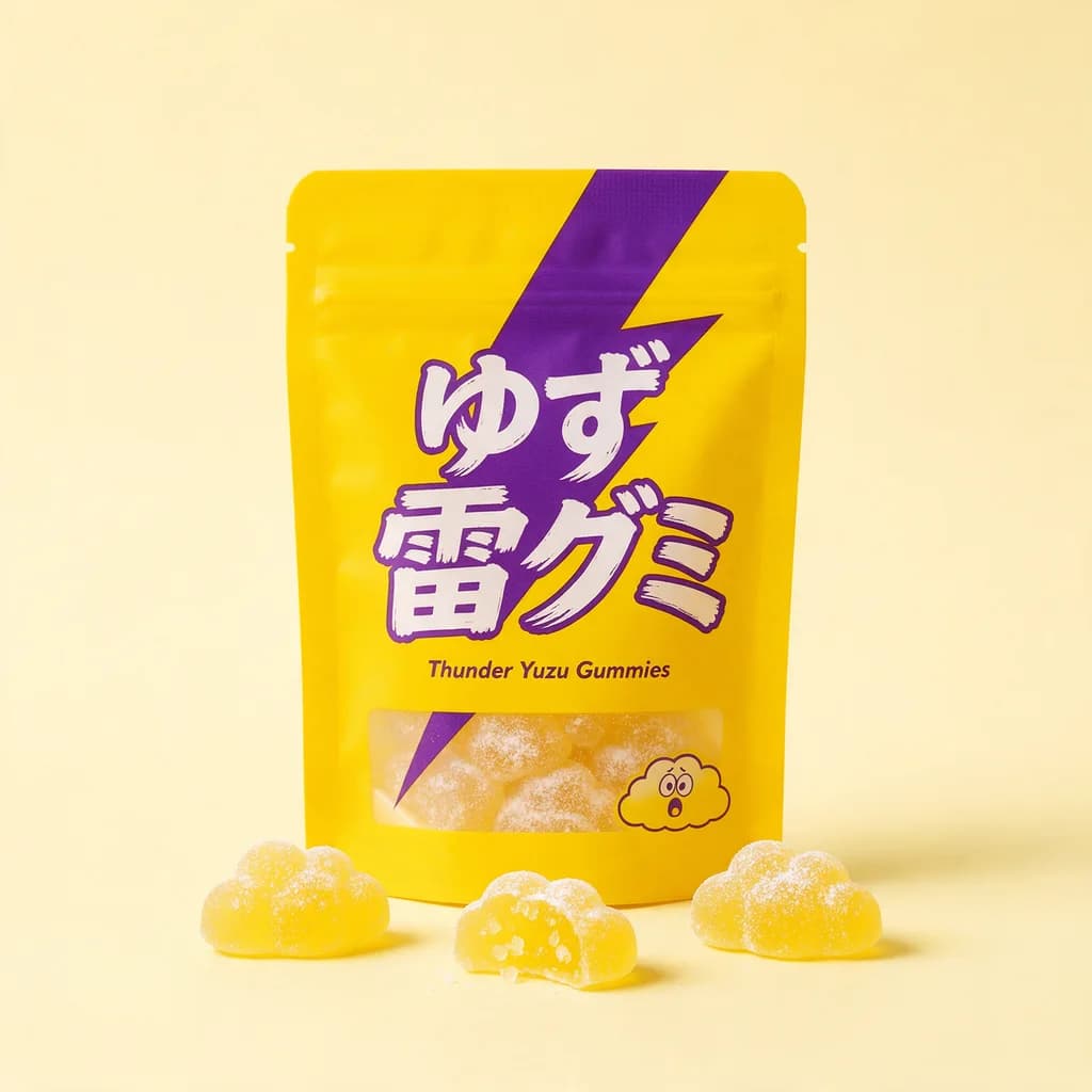 Thunder Yuzu Gummies (ゆず雷グミ) — packshot rendered by Seedream 5.0 Pro